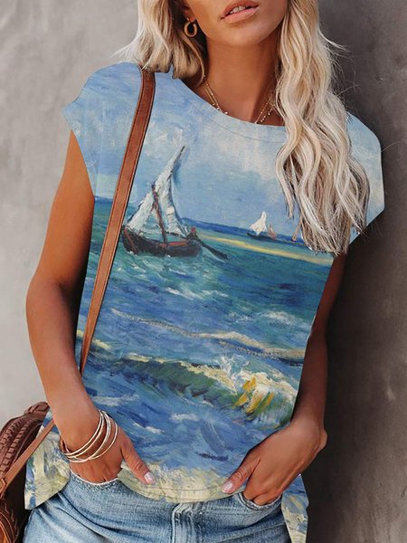 

Raglan Sleeve Landscape Painting Short Sleeve T-Shirt, Blue, T-Shirts
