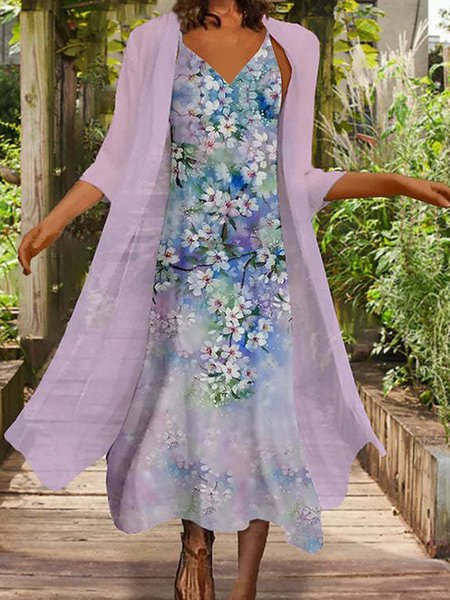 

Floral Casual V Neck Sleeveless Two Piece Sets, As picture, Maxi Dresses