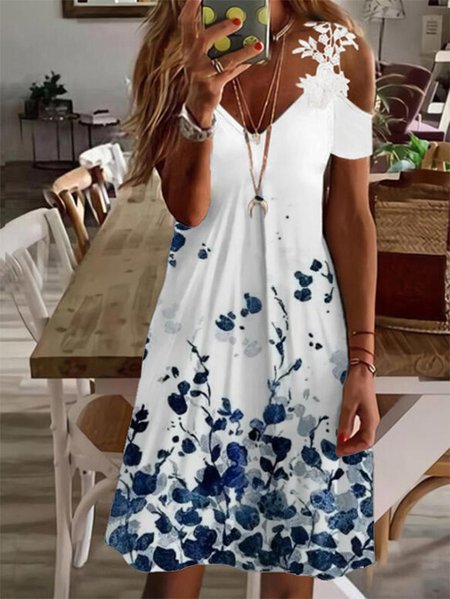 

Casual Floral V Neck Short Sleeve Knit Dress, White, Mini Dresses
