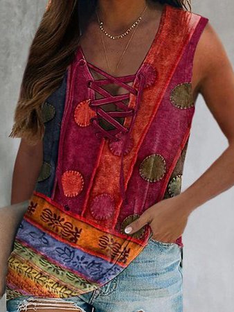 

V Neck Geometric Knit Tank, Red, Tanks & Camis