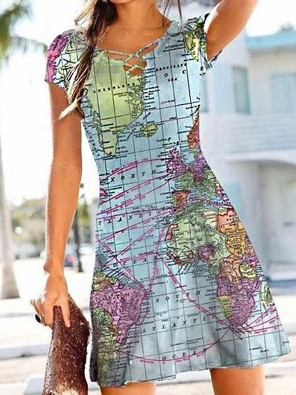 

V Neck Cotton Blends Casual Short Sleeve Knit Dress, Multicolor, Dresses