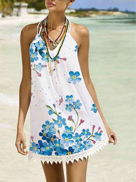

Casual Floral Cotton Blends Short Sleeve Knit Dress, White, Mini Dresses