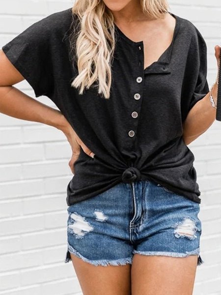 

Buttoned Crew Neck Short Sleeve Tops, Black, T-Shirts