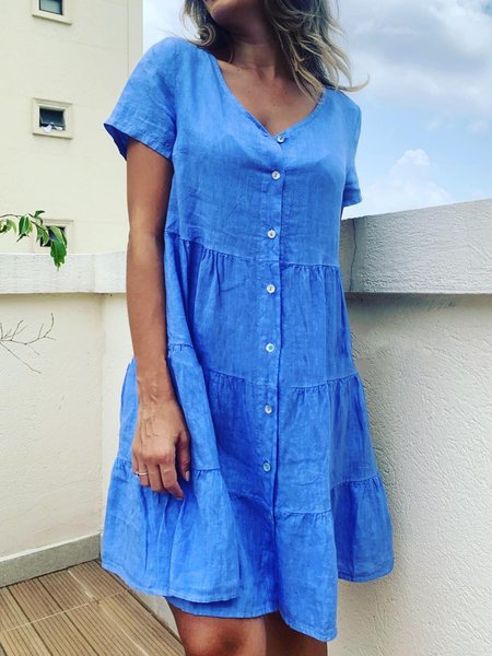 

Cotton V Neck Casual Short Sleeve Woven Dress, Blue, Dresses