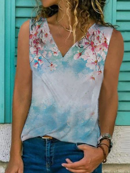

Romantic Floral Ombre Casual Loosen V Neck Knit Tank, Flower, Tank Top
