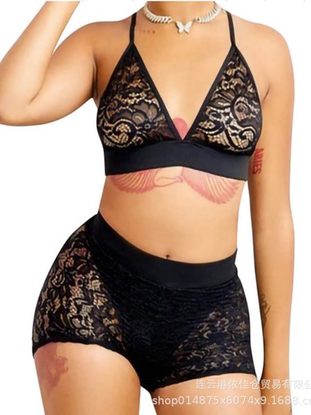 Lace Fun Style Suspender Boxer Suit Plus Size, Black, Bra & Panty