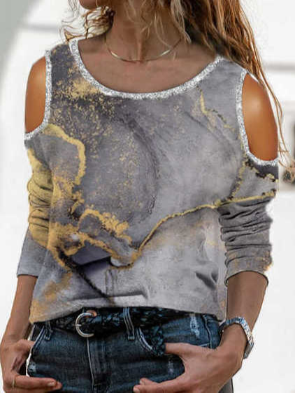 

Crew Neck Cotton Blends Ombre Long Sleeve Tops, Multicolor, Shirts & Blouses