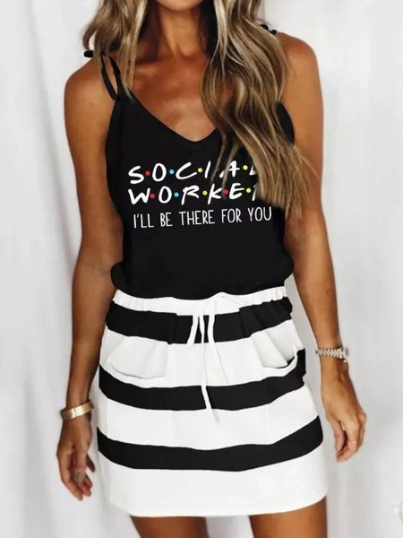 

Letter V Neck Casual Sleeveless Knit Dress, Black, Mini Dresses