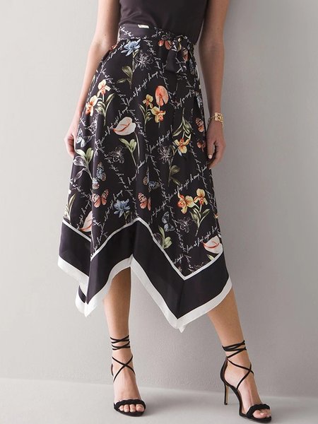 

Vacation Butterfly Floral Long Skirt, Black, Midi Dresses