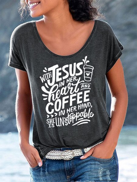 

Round Neck Loosen Casual Letter Shirts & Tops, Deep gray, Tees & T-shirts