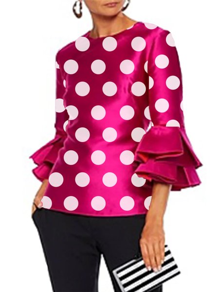 

Elegant Crew Neck Polka Dots Regular Fit Top, Rose red, Tops
