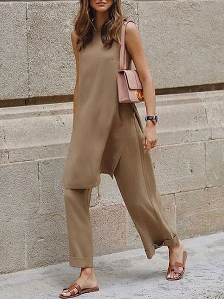Simple Loosen Two Piece Top With Pants Set, Coffee, Pants Set