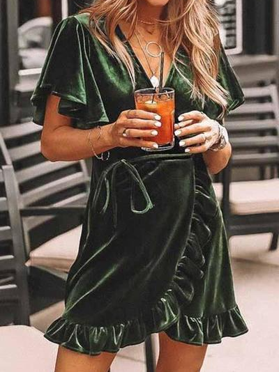 

Loosen Sexy V Neck Short Sleeve Knit Dress, Darkgreen, Dresses