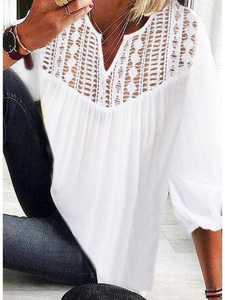 

V Neck Plain Vacation Quarter Tops, White, Shirts & Blouses