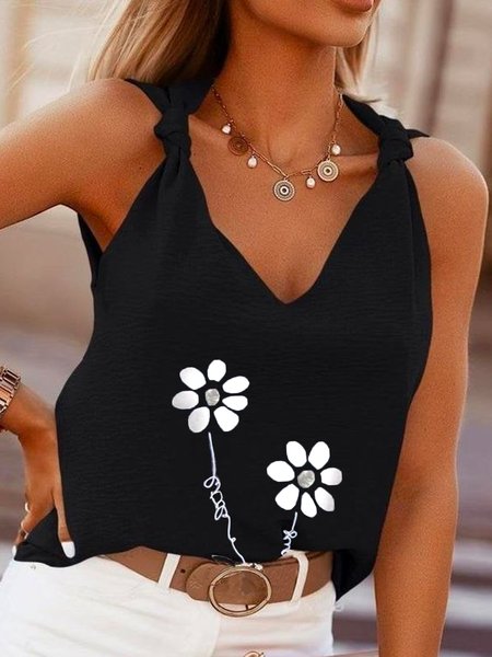 

Floral Casual V Neck Woven Tank, Black, Tank Top