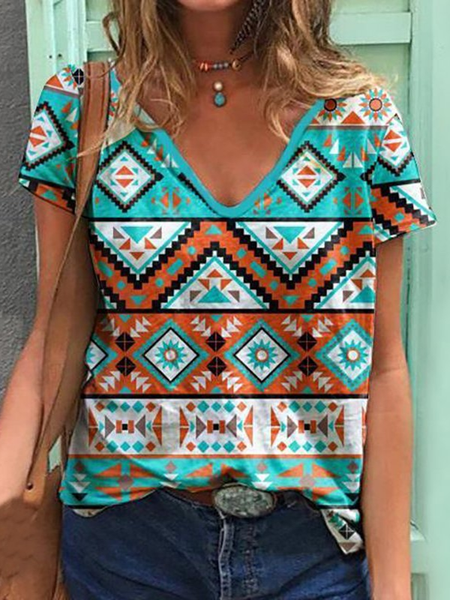 

Casual Tribal Short Sleeve Tops, Blue, T-Shirts