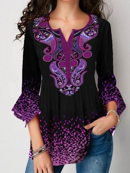 

Tribal Floral Ombre Geometric Boho Loosen V Neck Short Sleeve T-Shirt, Flower, T-Shirts