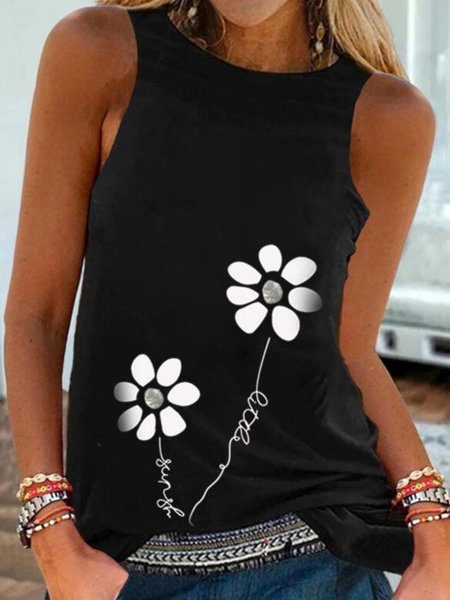 

Casual Floral Sleeveless Round Neck Plus Size Printed Tank Top Vests, Black, Tank Top