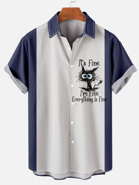 

I am Fine Funny Cat Short Sleeve Color Block Casual Short Sleeve Shirt, Blue, Shirts