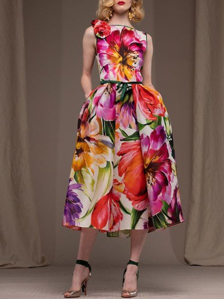 Regular Fit Boat Neck Romantic Short Sleeve Woven Midi Dress, Multicolor, Midi Dresses