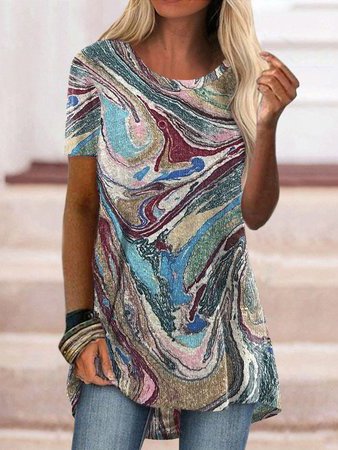 

Marble Texture Casual Crew Neck Short Sleeve Tops, Multicolor, T-Shirts