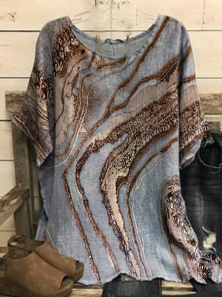 

Plus Size Printed Casual Short Sleeve Tops, Gray, Tops