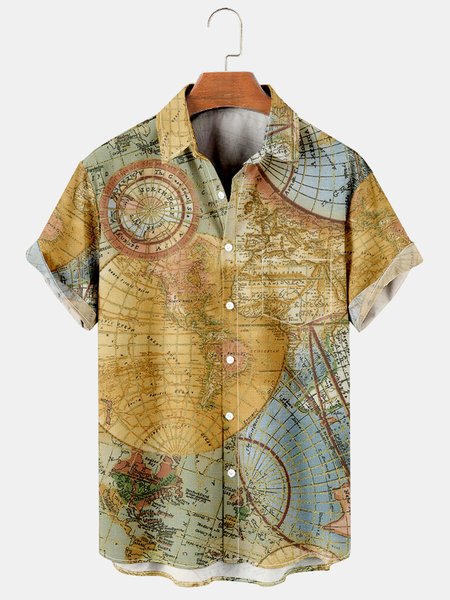 

Mens Navigation Map Printed Casual Breathable Short Sleeve Shirts, Khaki, Men's Floral shirt