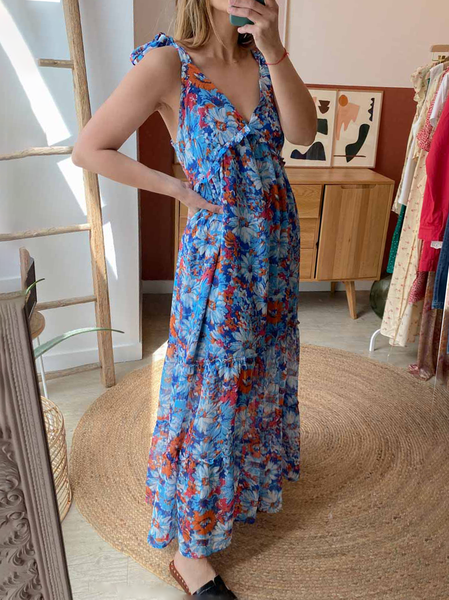 

Floral Boho Spaghetti Short Sleeve Woven Dress, Blue, Maxi Dresses