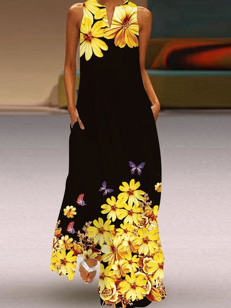 

Casual V Neck Floral Short Sleeve Woven Dress, Yellow, Maxi Dresses
