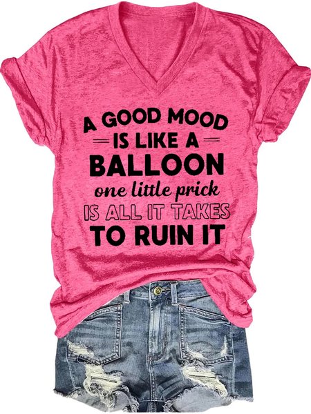 

Funny A Good Mood Casual V Neck Short Sleeve T-Shirt, Pink, T-shirts