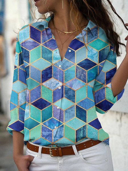 

Casual Shirt Collar Geometric Long Sleeve Blouse, Blue, Blouses & Shirts