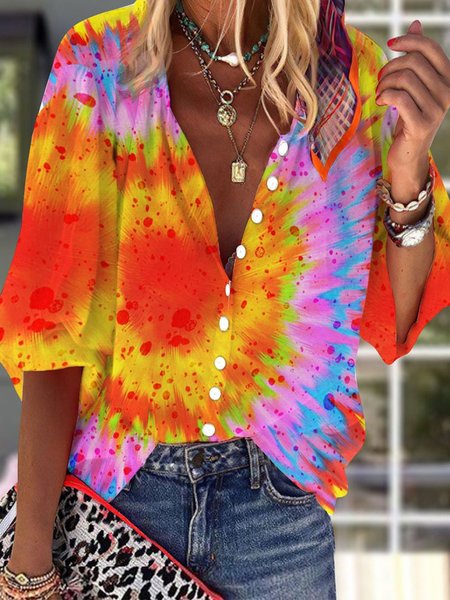 

V Neck Vacation Ombre Loosen Mid Sleeve Blouse, Multicolor, Shirts & Blouses
