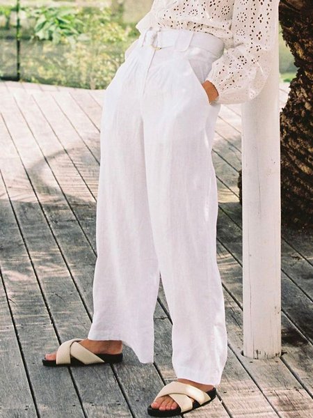 

Linen Casual Loosen Wide Leg Pants, White, Pants