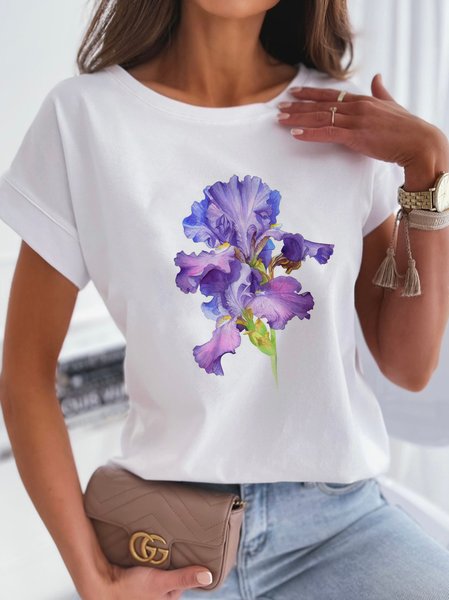 

Casual Crew Neck Floral Printed Short Sleeve T-Shirt, White, T-Shirts