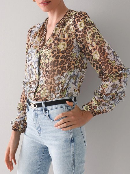 

Vacation V Neck Short Sleeve Leopard Floral Top, As picture, Tops