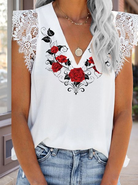 

Floral print lace stitching spring new hot discount super nice casual ladies top, Multicolor, Tank Tops & Camis