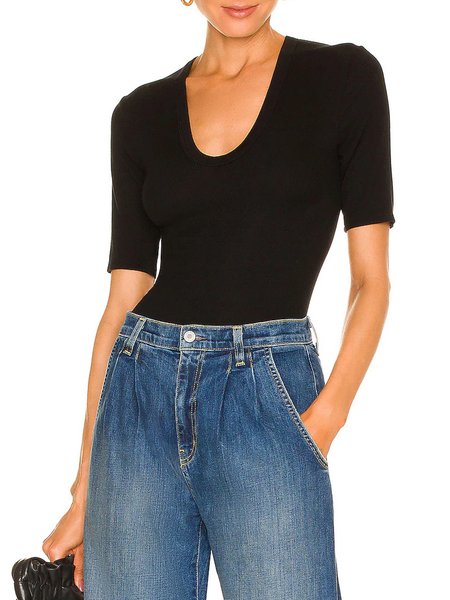 

Daily Casual Solid U-neck Short Sleeve Basic Simple Top, Black, Tops