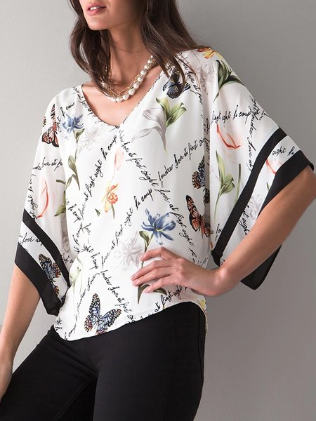 

Vacation Floral Butterfly Half Sleeve Top, Multicolor, Blouses and Shirts