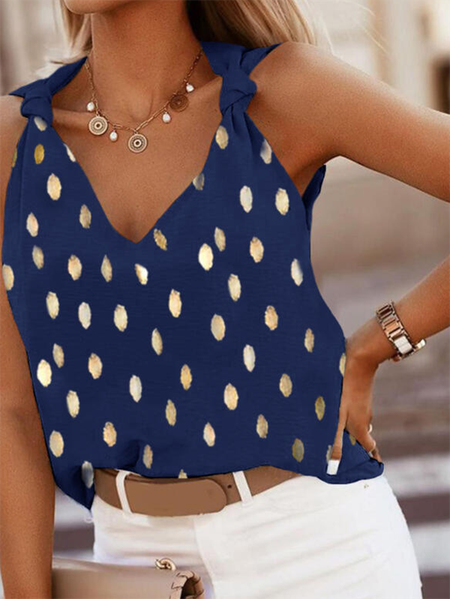 

Polka Dots V Neck Sleeveless Casual Knit Tank, Blue, Tank Top