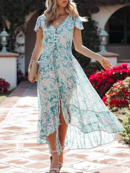 

V Neck Leaves Loosen Short Sleeve women Dress, Light blue, Dresses