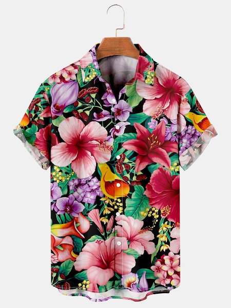 

Mens Aloha Floral Print Casual Breathable Short Sleeve Hawaiian Shirts, Black, Men's Floral shirt
