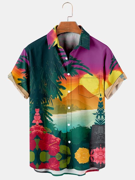 

Mens Retro Tropical Print Casual Breathable Chest Pocket Short Sleeve Hawaiian Shirts, Purple, Men's Floral shirt