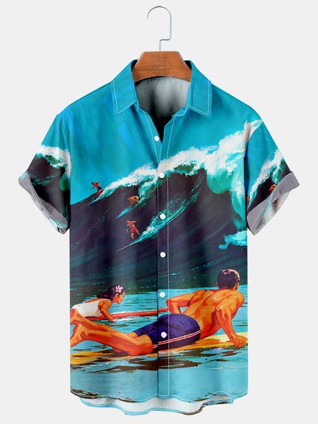 

Mens Retro Hawaiian Surfing Print Casual Breathable Short Sleeve Hawaiian Shirts, Blue, Men's Floral shirt
