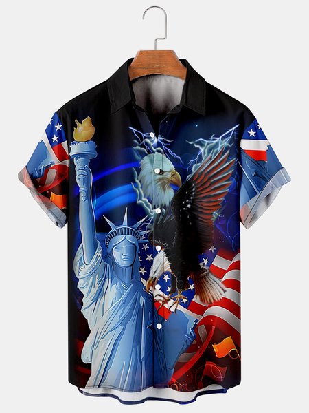 

Casual Style Culture Series Statue Of Liberty And American Flag Elements Lapel Short-Sleeved Printed Shirt Top, As picture, Men's Floral shirt