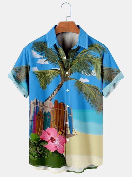 

Mens Retro Hawaiian Surfboard Print Casual Breathable Short Sleeve Hawaiian Shirts, Blue, Men's Floral shirt