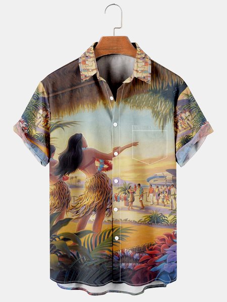 

Mens Retro Hawaiian Poster Print Casual Breathable Short Sleeve Hawaiian Shirts, Khaki, Men's Floral shirt