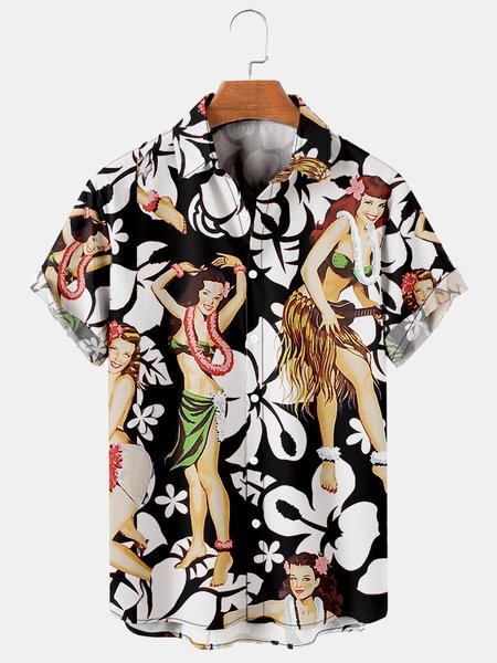 

Mens Retro Hawaiian Girls Print Casual Breathable Short Sleeve Hawaiian Shirts, Black, Men's Floral shirt
