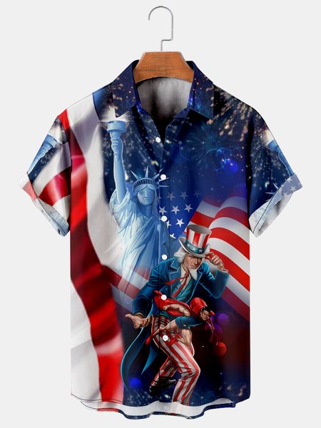 

Casual Style Culture Series Statue Of Liberty And American Flag Elements Lapel Short-Sleeved Printed Shirt Top, As picture, Men's Floral shirt