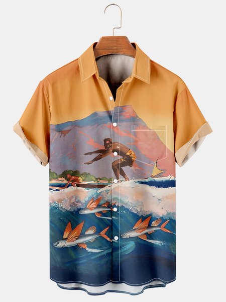 

Mens Retro Hawaiian Surfing Print Casual Breathable Short Sleeve Hawaiian Shirts, Orange, Men's Floral shirt