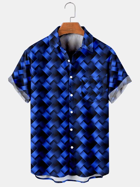 

Mens 3D Plaid Abstract Print Casual Breathable Chest Pocket Short Sleeve Hawaiian Shirts, Blue, Men's Floral shirt